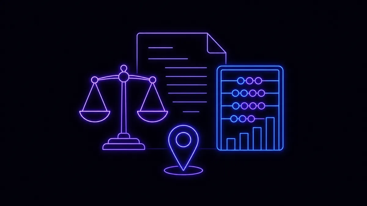 Purple neon scale of justice balanced against a blue neon abacus and bar chart, with a contract sheet behind them and a glowing map pin below