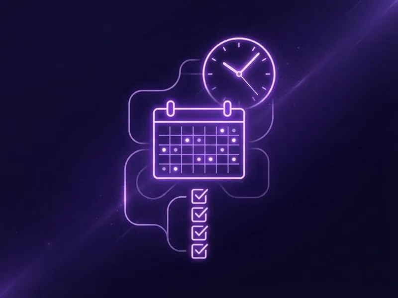 Neon purple calendar, clock and checklist representing a planned content schedule
