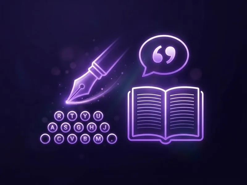 Glowing fountain pen, open book and keyboard keys representing content writing