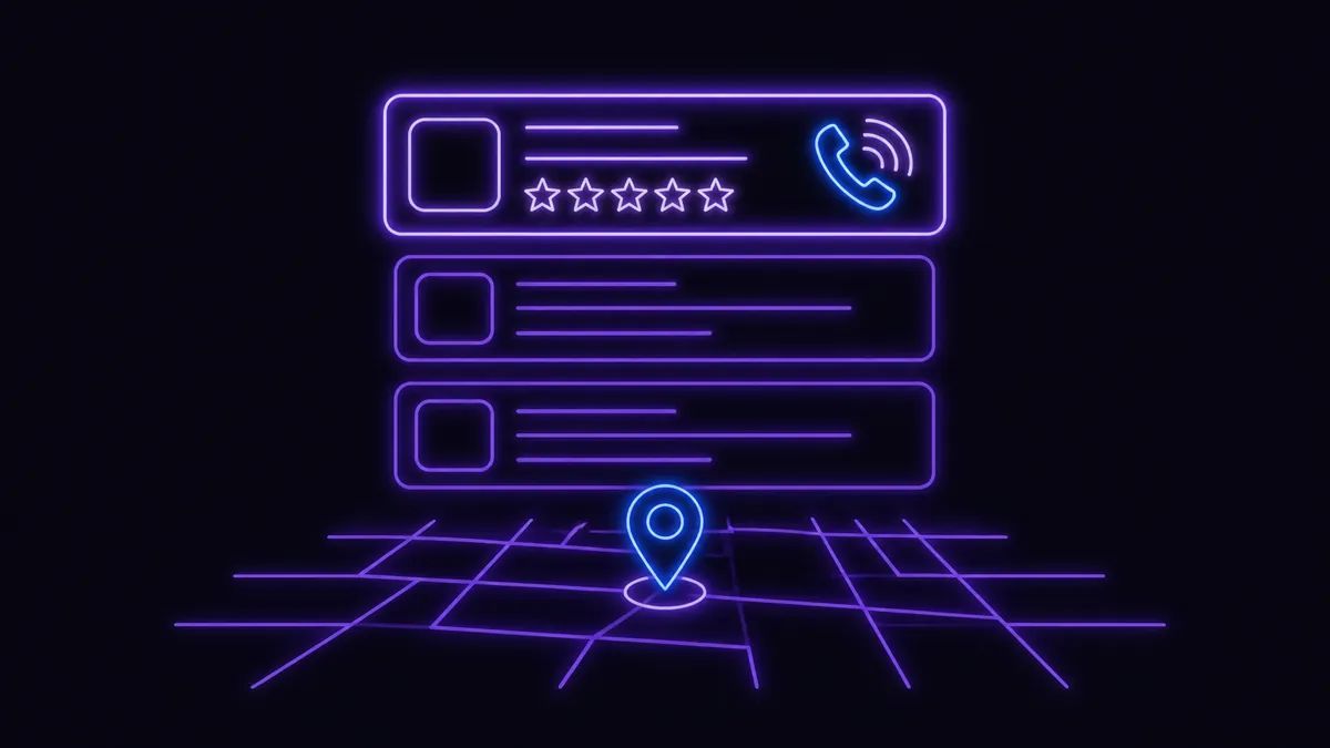 Three stacked neon search-result cards above a faint street grid, the top card glowing with a star rating row and a ringing phone icon, and a map pin rising from the grid