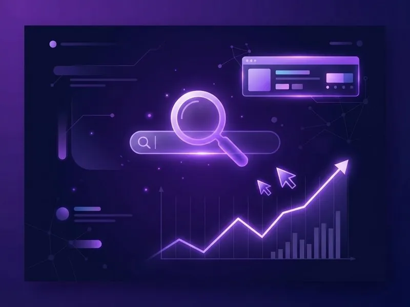 Search bar with magnifying glass above a rising performance graph