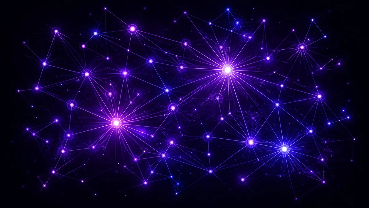 Wide field of glowing purple and blue nodes joined by thin lines, with bright hub stars spreading outward