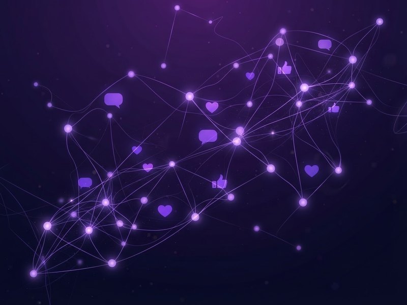 Social media network of likes, hearts and comments connected across a glowing purple constellation