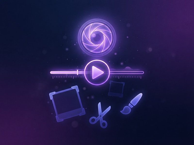 Camera aperture, play button and video editing tools glowing in purple