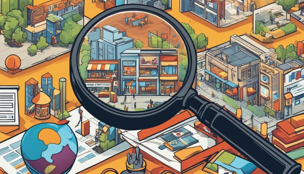 Local Keyword Research and Analysis in South Africa 2 SEO A Local Keyword Research and Analysis illustration showcasing a magnifying glass over a city.
