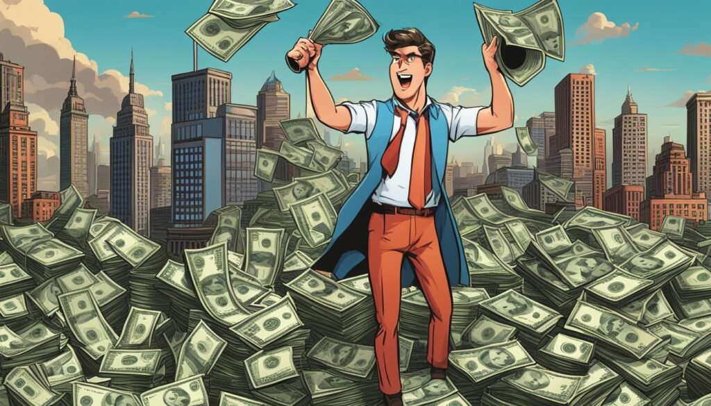 Local SEO Benefits for Small Businesses Unveiled 3 SEO A man in a suit standing on top of a pile of money, emphasizing the importance of local SEO.