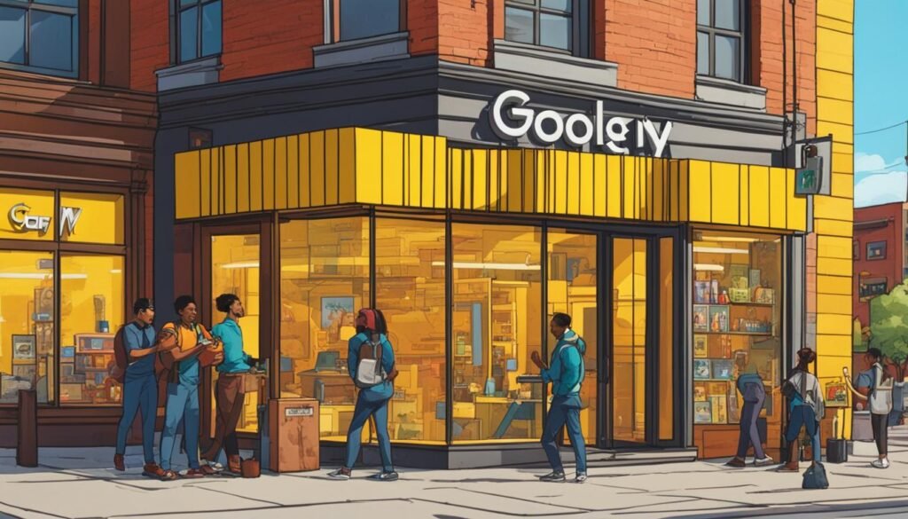 Local SEO Best Practices for South African Businesses 3 SEO An illustration of people standing outside of a gooley's store, showcasing the optimization of a website for local search.