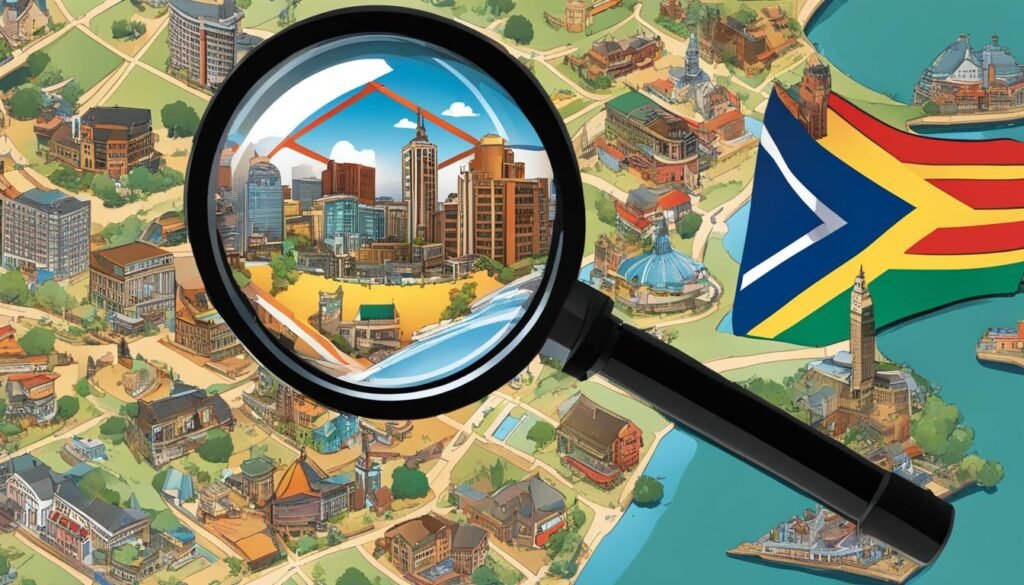 Optimise Your Site for Local Search in South Africa 2 SEO A magnifying glass revealing key features of a map of South Africa, optimizing website for local search.