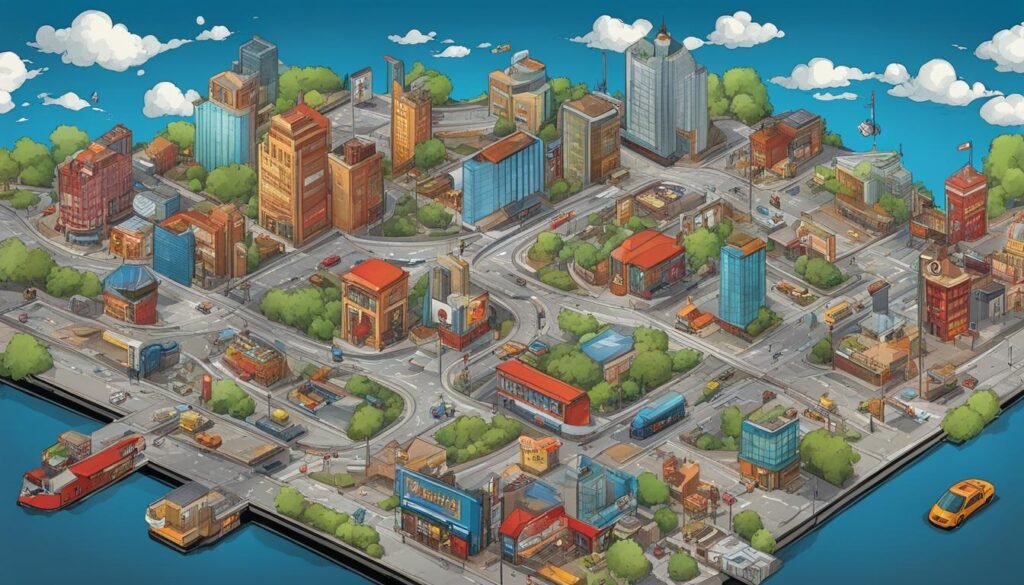 Optimise Your Site for Local Search in South Africa 3 SEO An isometric view of a city with buildings and cars, showcasing urban architecture and transportation.