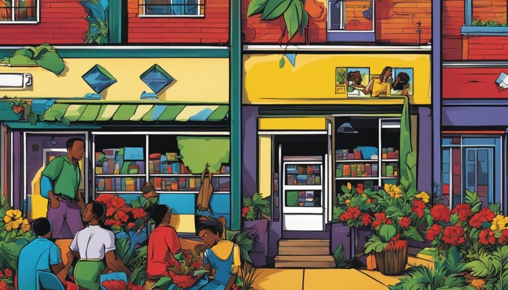 Local SEO Success Stories: Thriving SA Businesses 2 SEO A painting capturing the vibrant scene of people in front of a flower shop.