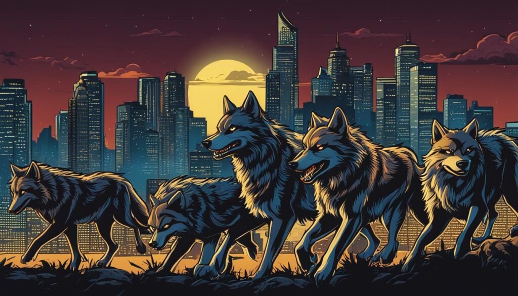 Local SEO Success Stories: Thriving SA Businesses 4 SEO A group of wolves walking in the city at night, showcasing the success stories of businesses utilizing local SEO.
