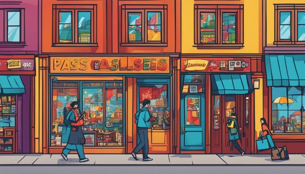 Local SEO Blunders to Dodge: Tips for South Africa 2 SEO A vibrant illustration of a street scene featuring individuals strolling alongside a store.