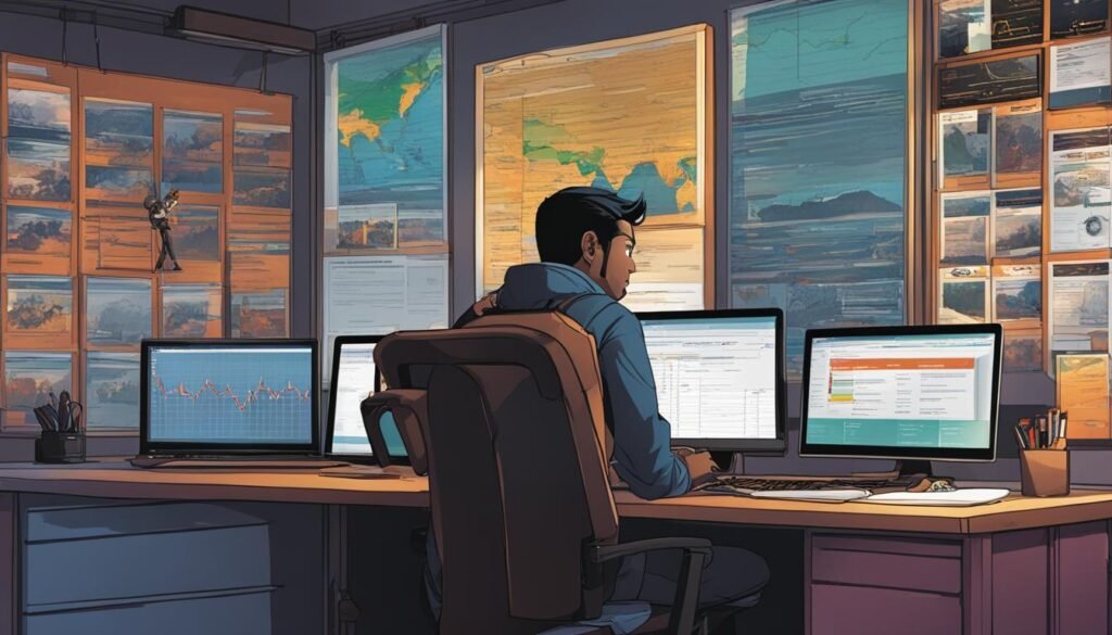DIY SEO: Can You Optimise Your Site Alone? 2 SEO A man sitting at a desk with several monitors in front of him, providing tips for local businesses.