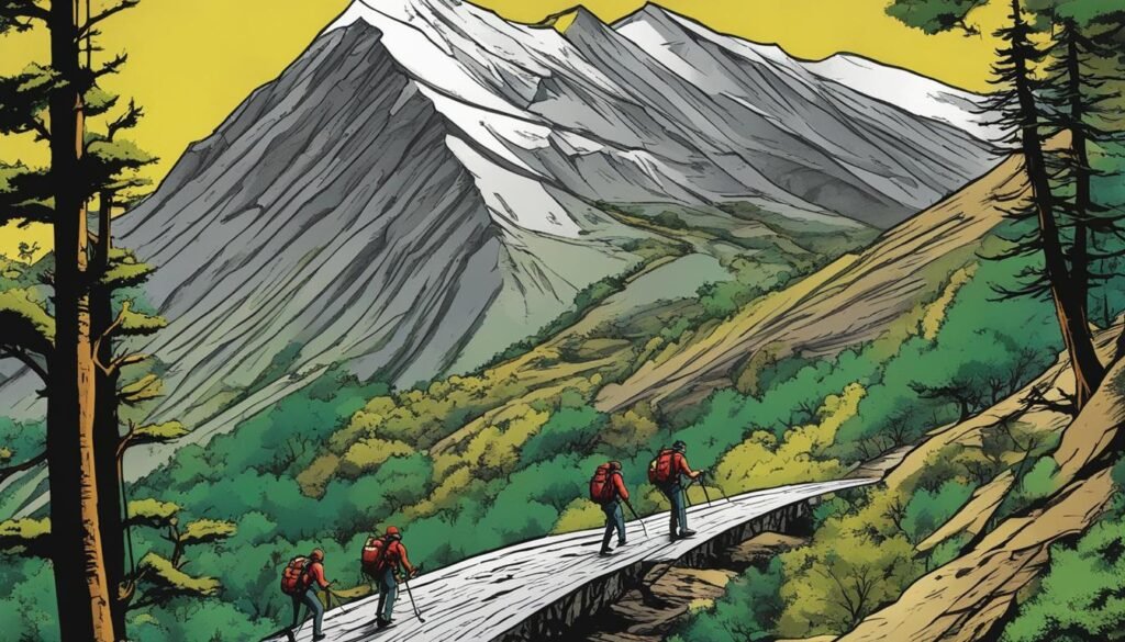 Local SEO Content Writing Tips for South Africa 4 SEO An illustration of people walking on a bridge in the mountains that showcases local SEO content.
