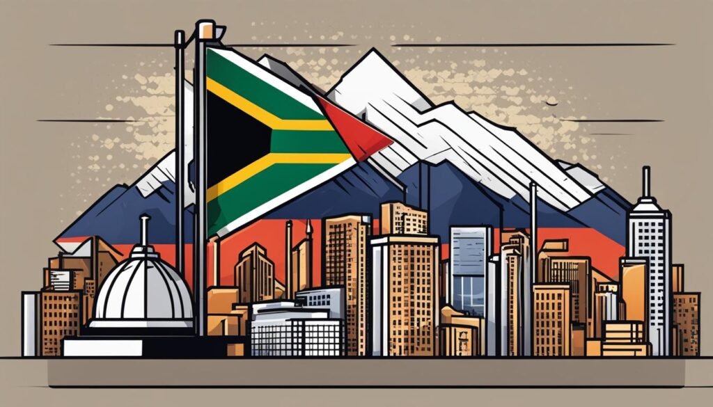 Boost Local SEO in 2023: Tips for South African Businesses 2 SEO The flag of south africa with a city and mountains in the background showcasing the country's rich natural beauty.