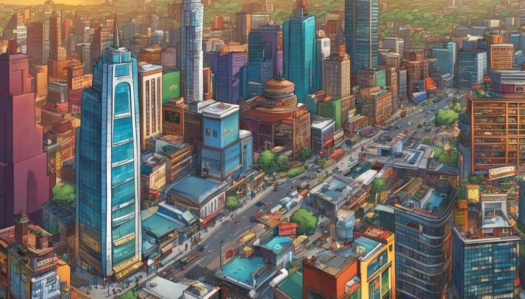 Boost Your Site with Local SEO Techniques | South Africa 3 SEO A beautiful painting showcasing the grandeur of an urban landscape, adorned with towering buildings.